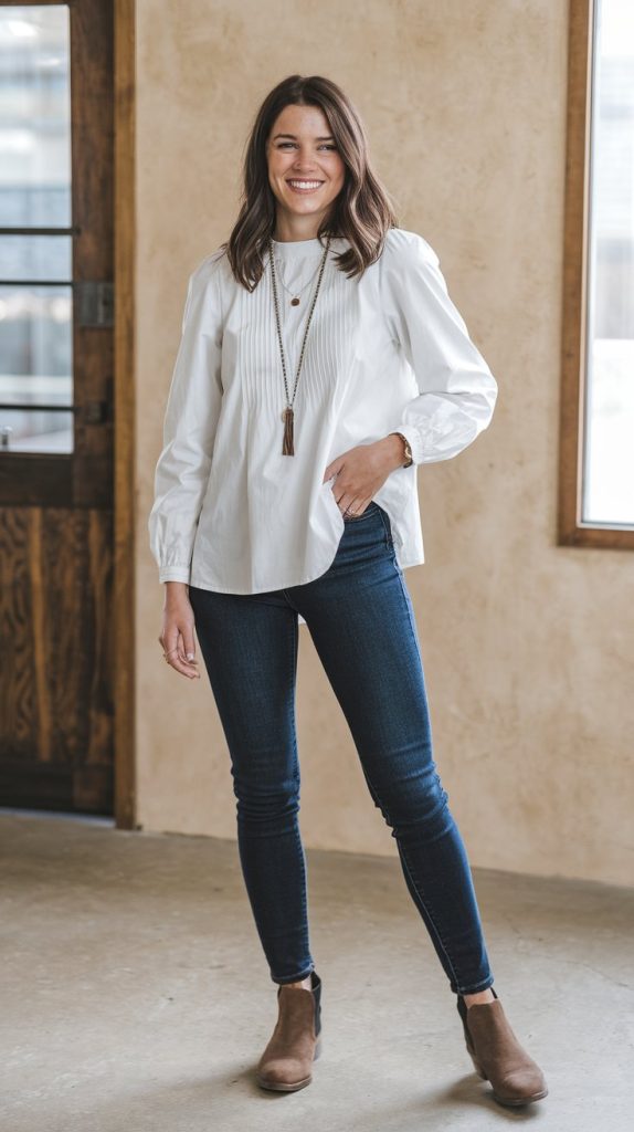 Lady wearing Cotton Blouse and Skinny Jean for job interview