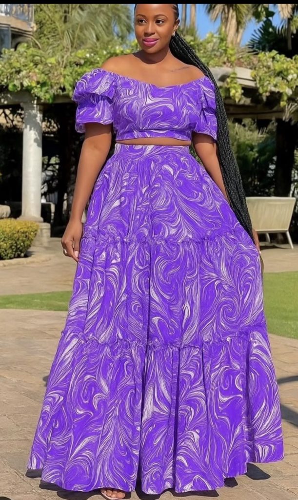 Off the shoulder top with high waisted skirt 
