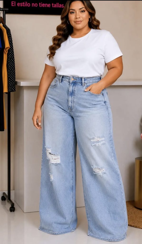 Pulse size woman wearing high waisted jeans and top