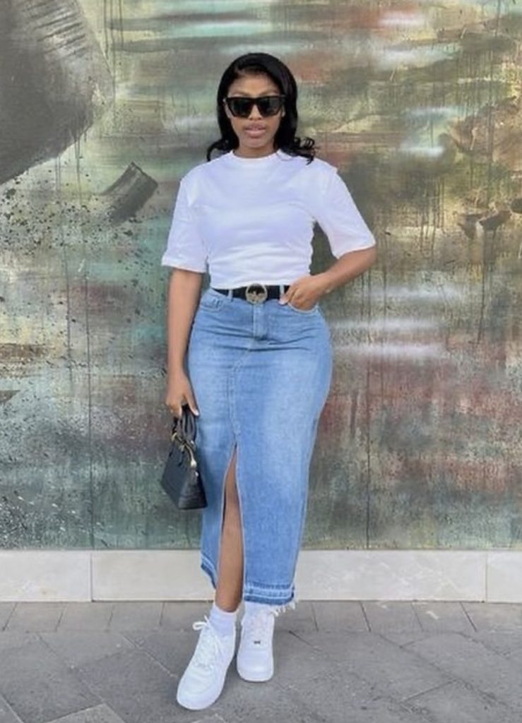 A-Line Denim Midi Skirt with a Fitted Bodysuit
