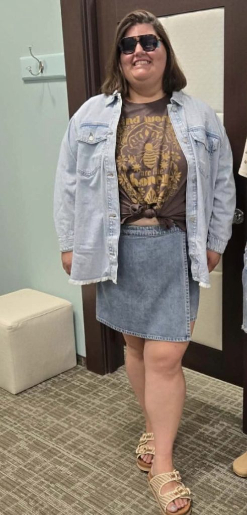 Denim Skirt With A Flowy Tank And A Denim Jacket