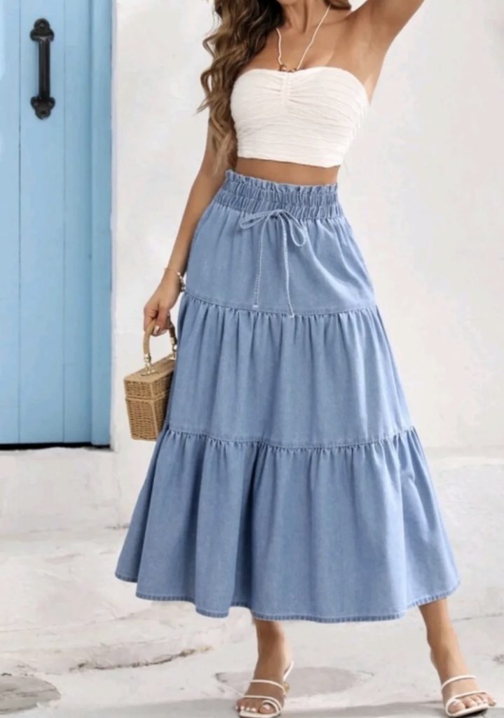 Denim Skirt + Off-Shoulder Top