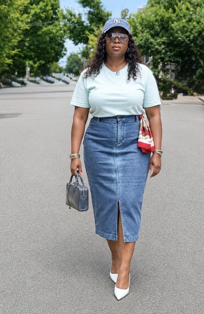 Denim skirt, top and statement jewelry