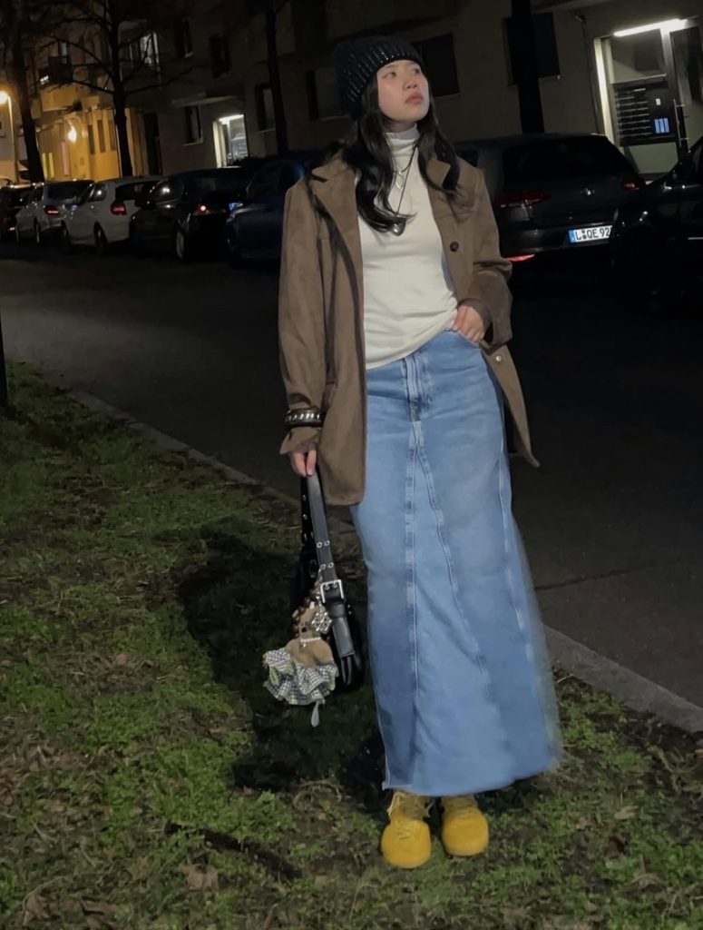 Denim Skirt With a Turtleneck and Blazer
