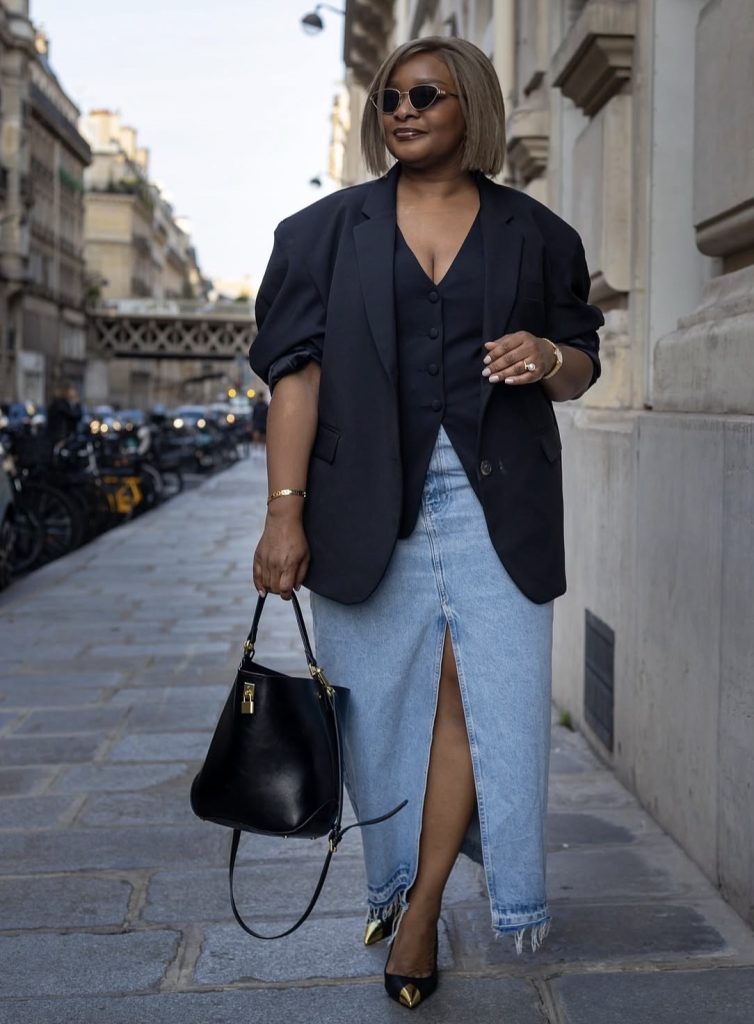 Oversized Blazer Over a Denim Skirt