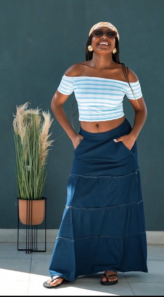 Off shoulder top and Denim skirt outfit