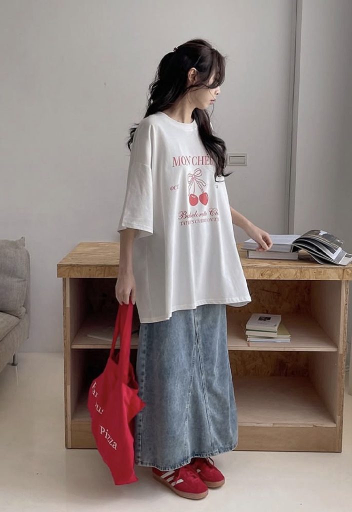 Long denim skirt + Oversized Graphic Tee