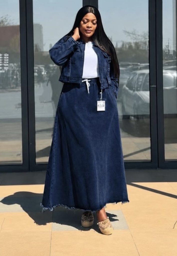 Long denim skirt and denim jacket