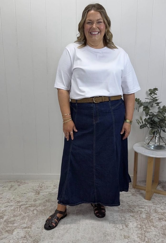 Denim Skirt with a Tucked-In Blouse for the Office