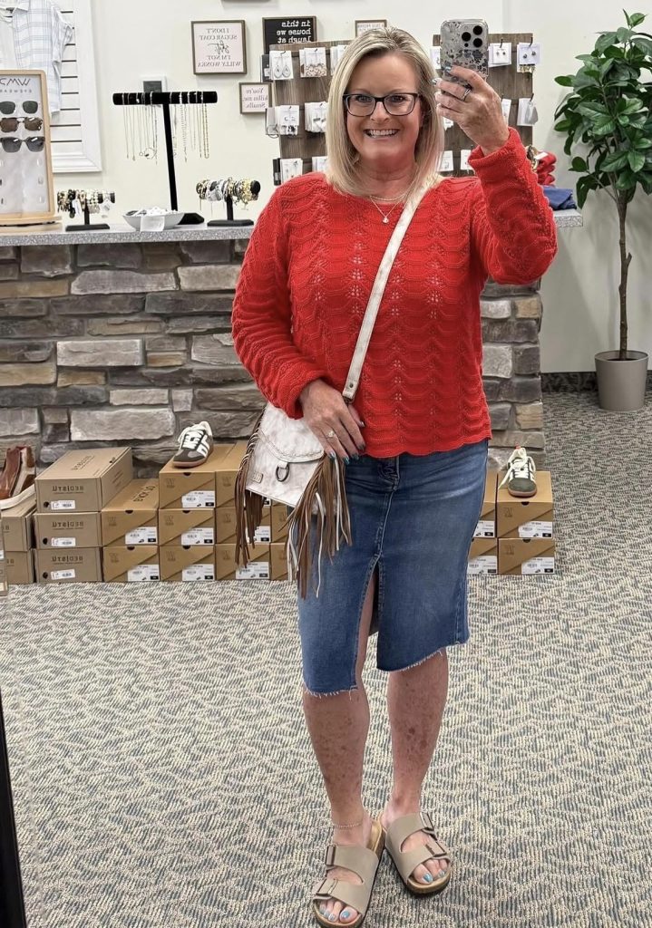 Denim Skirt and Sweater for Cooler Days