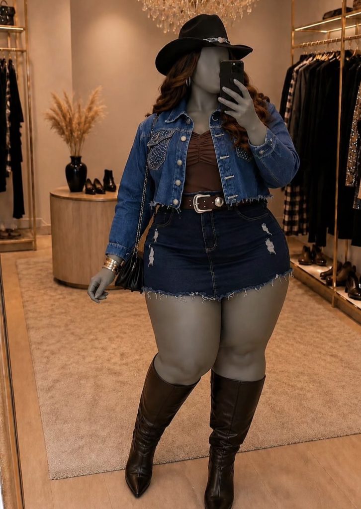 Denim Mini Skirt with Tights and a Sweater