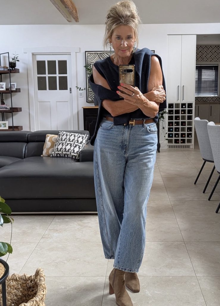 High-Waisted Jeans + Cozy Sweater + Ankle Boots