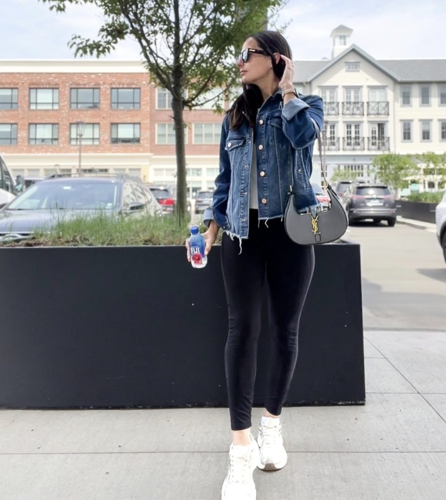 Leggings, a Long Tunic, and a Denim Jacket Sneakers Outfit 
