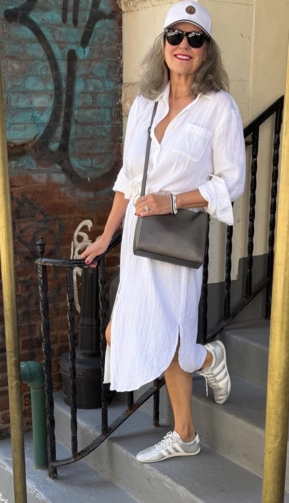 Shirt Dress with a Belt and Sneakers Outfit