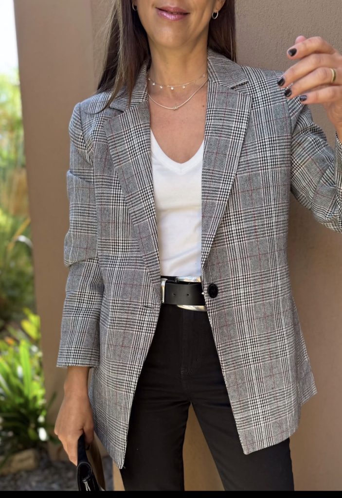 High-Waisted Jeans with a Plaid Blazer