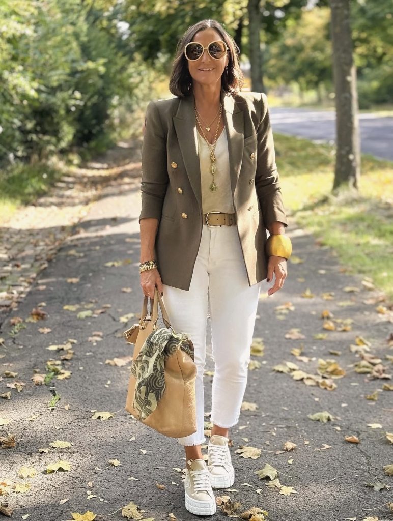 White Sneakers with Straight-Leg Jeans and a Blazer