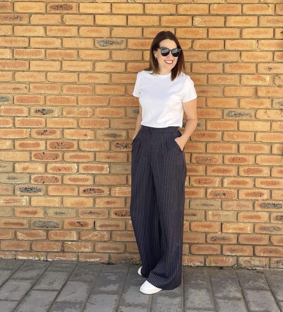 White Sneakers with Wide-Leg Trousers