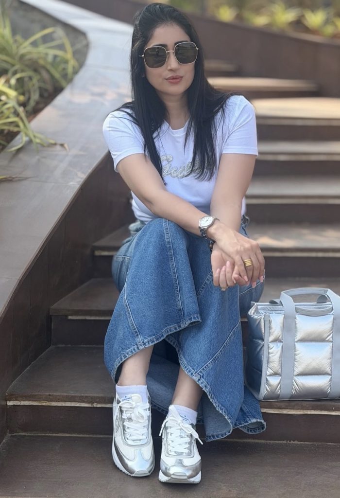 White Sneakers with a Denim Skirt