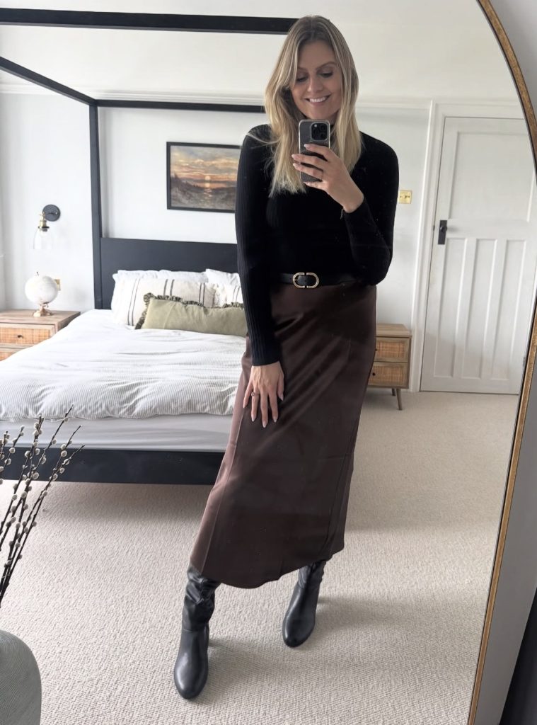 Midi Skirt + Blouse + Ankle Boots