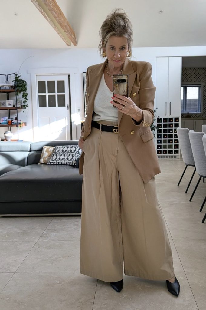 Wide-Leg Pants + Silk Camisole + Blazer