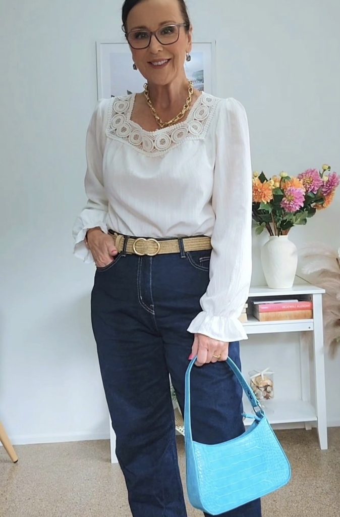 Denim (Dark Wash) + Structured Top + Statement Necklace