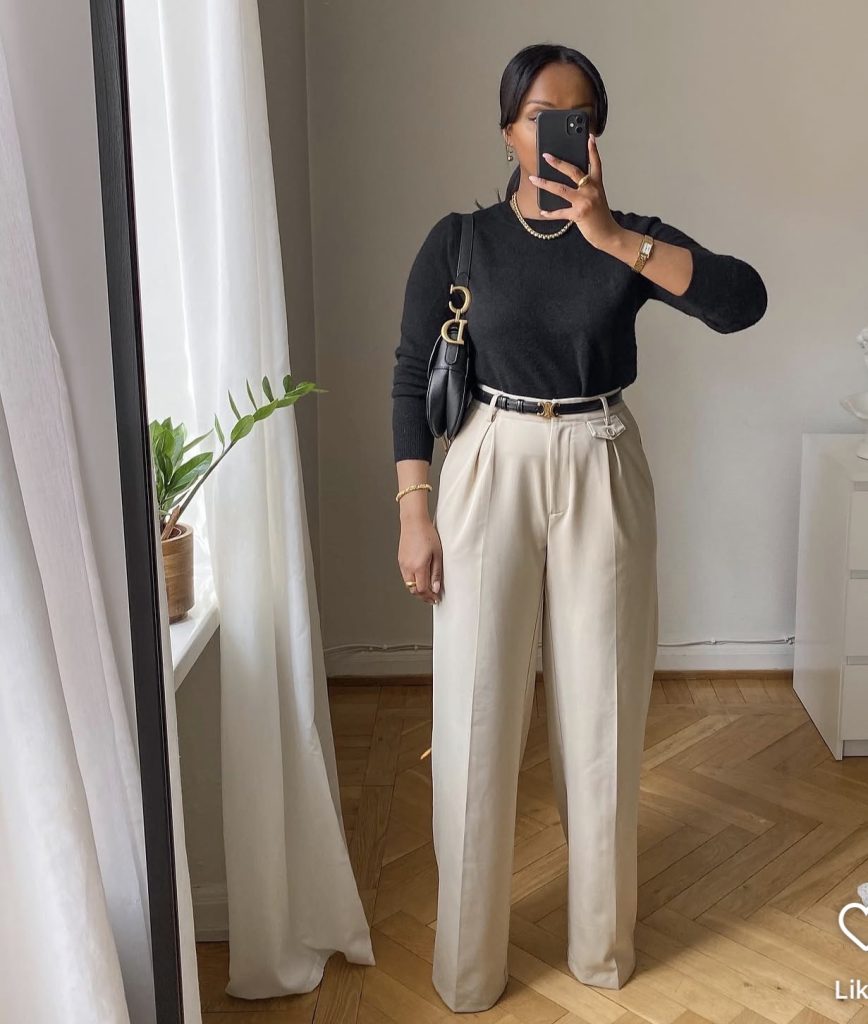Straight-Leg Trousers + Turtleneck + Structured Handbag