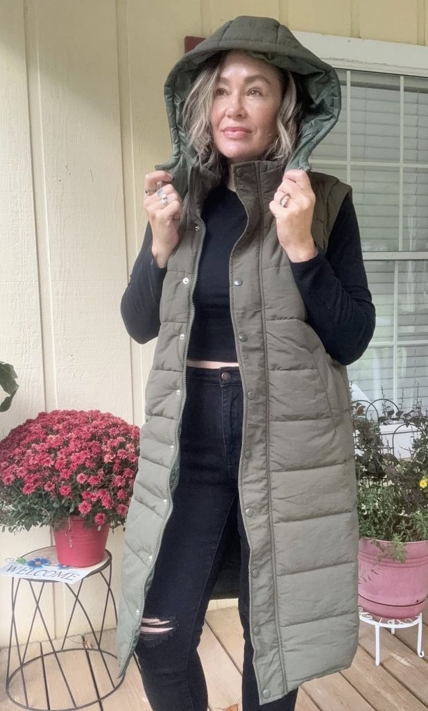 Puffer Vest Over a Flannel Shirt