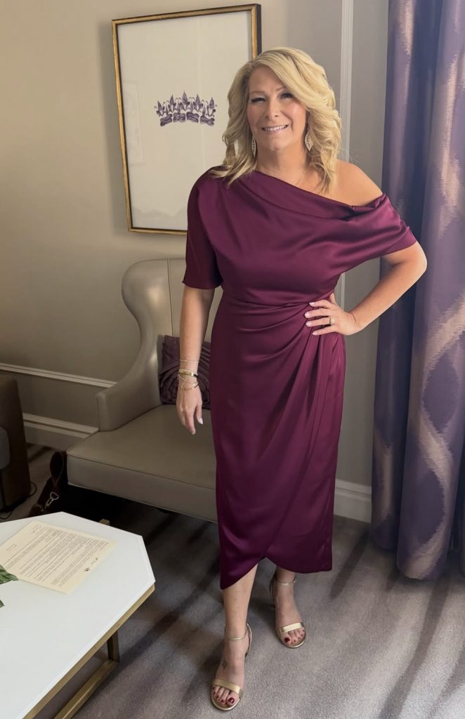Red Velvet Midi Dress With Simple Gold Accessories
