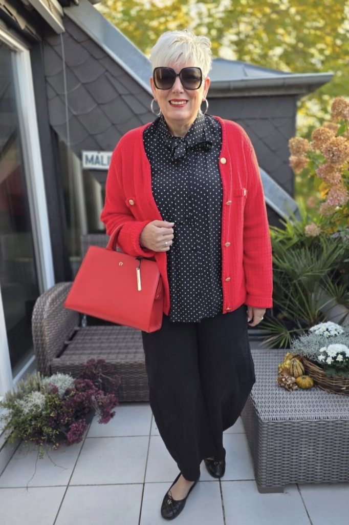 Black Trousers, A Red Sweater, and Statement Earrings