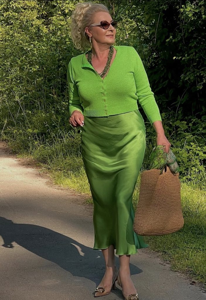 Emerald Green Sweater With a Satin Midi Skirt