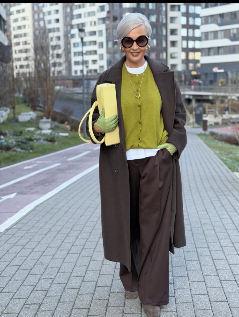 Wide-Leg Pants, Knit Sweater and Long Coat