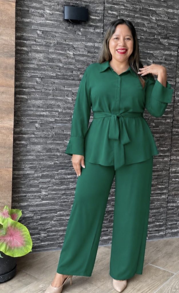 Emerald Green Blouse with Wide-Leg Trousers