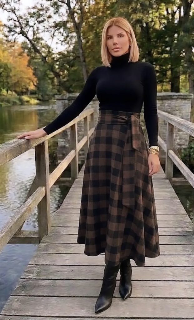 Plaid Skirt with a Turtleneck Sweater