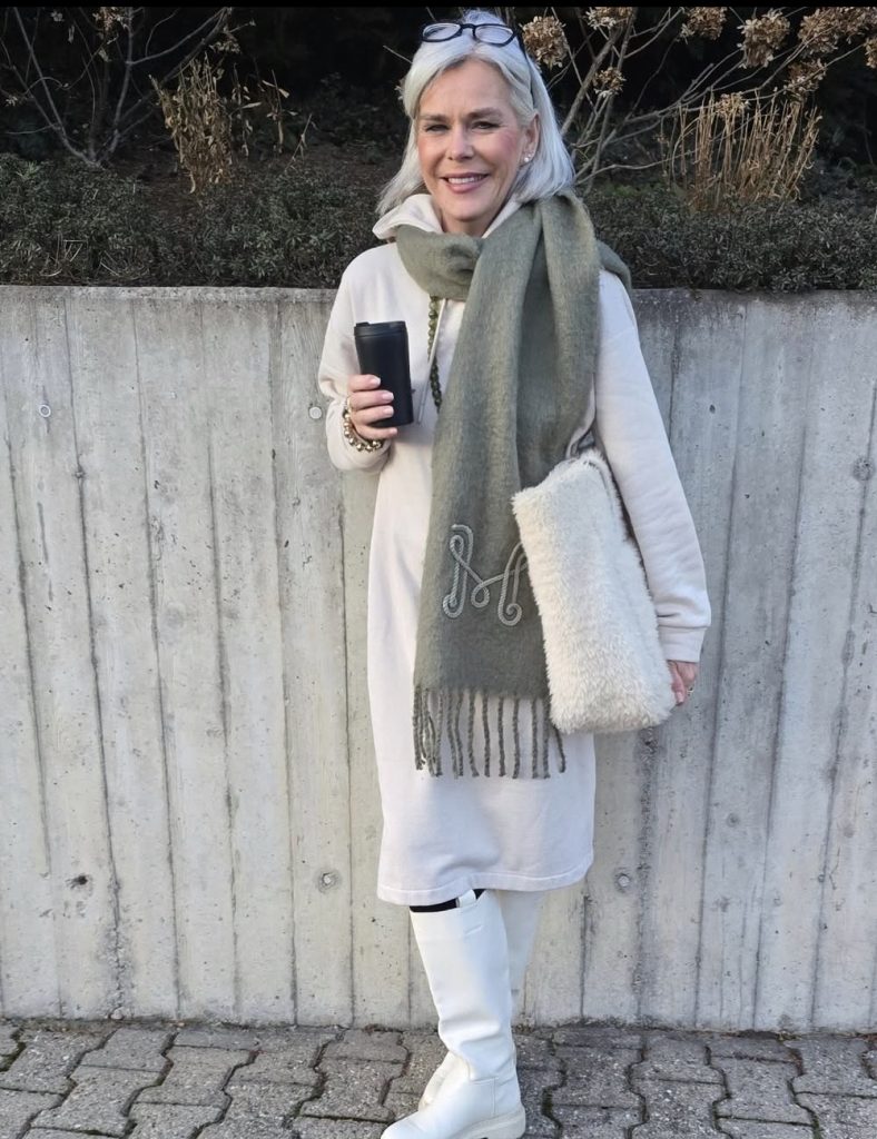 Cream Sweater Dress with a Statement Scarf