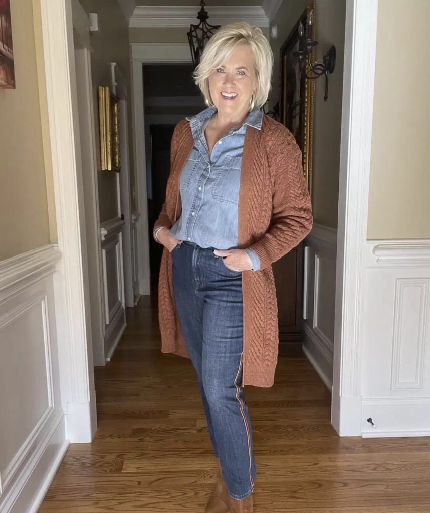 Denim Shirt, Dark Jeans and a Cozy Cardigan