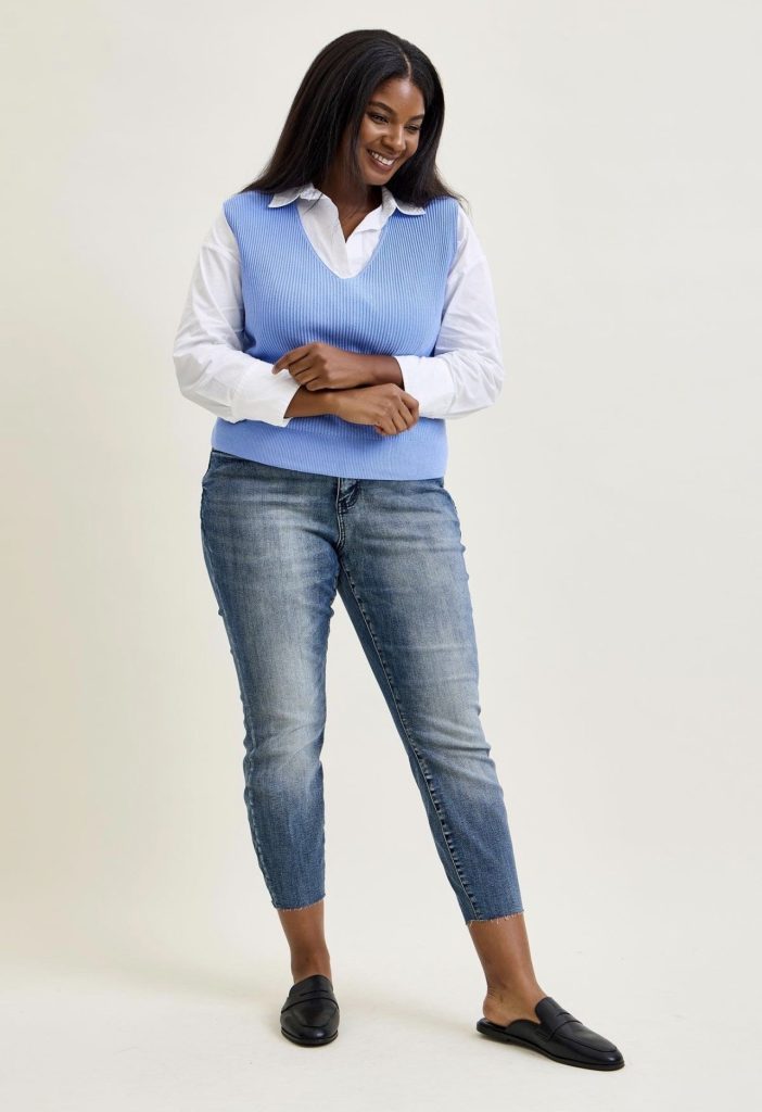 Sweater Vest, White Shirt and Straight Jeans