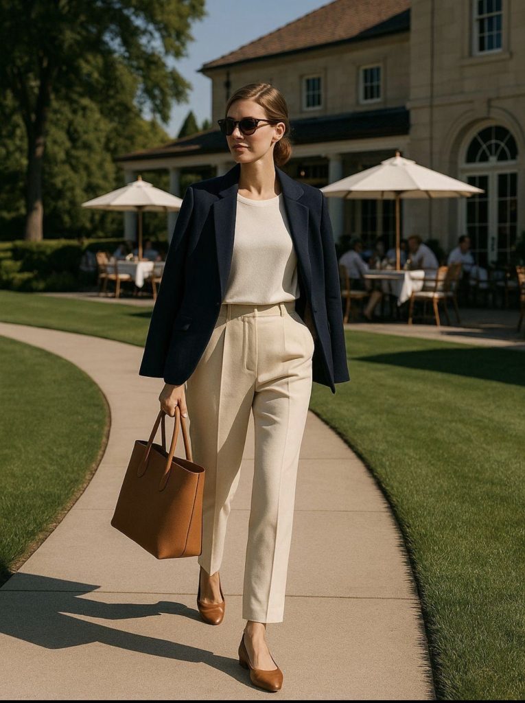 Navy Blazer, Cream Sweater, and Tailored Trousers
