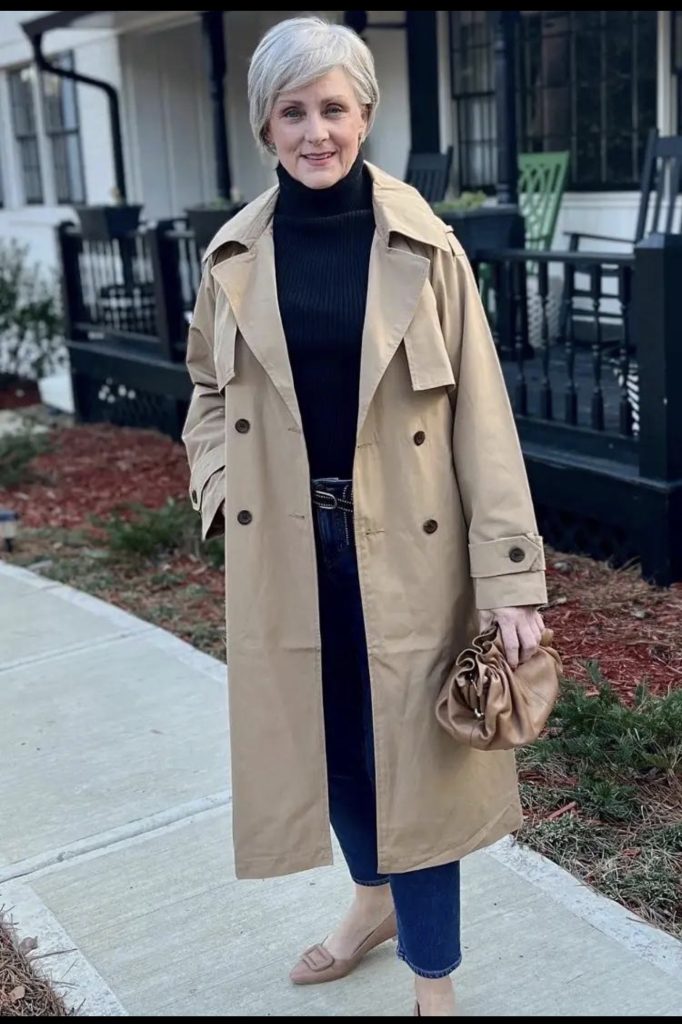 Camel Trench Coat, Black Turtleneck, and Dark Jeans