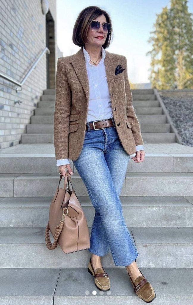 Tweed Blazer, White Button-Down, and Straight-Leg Jeans
