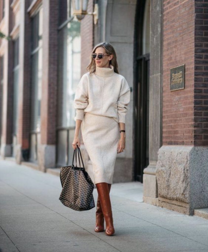 Cream Knit Sweater, Midi Skirt, and Knee-High Boots