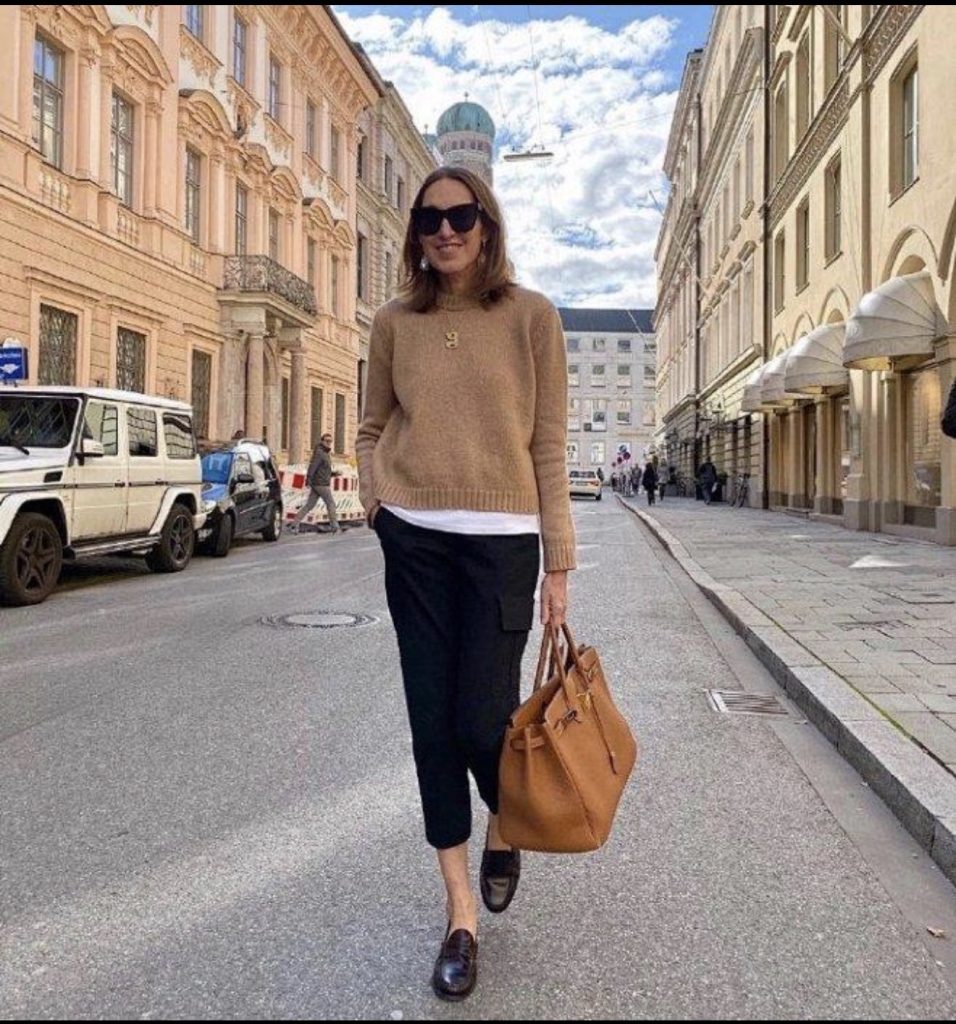 Camel Sweater, Black Trousers, Loafers, and a Leather Bag