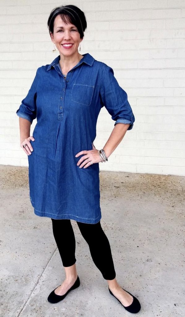 Long Neutral Tunic With Leggings and a Denim Jacket