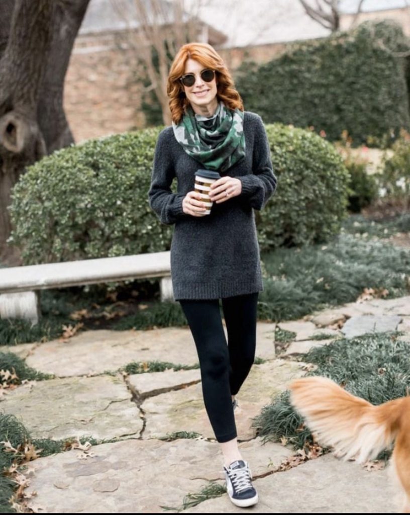 Tunic With Leggings, Scarf, and Comfortable Sneakers