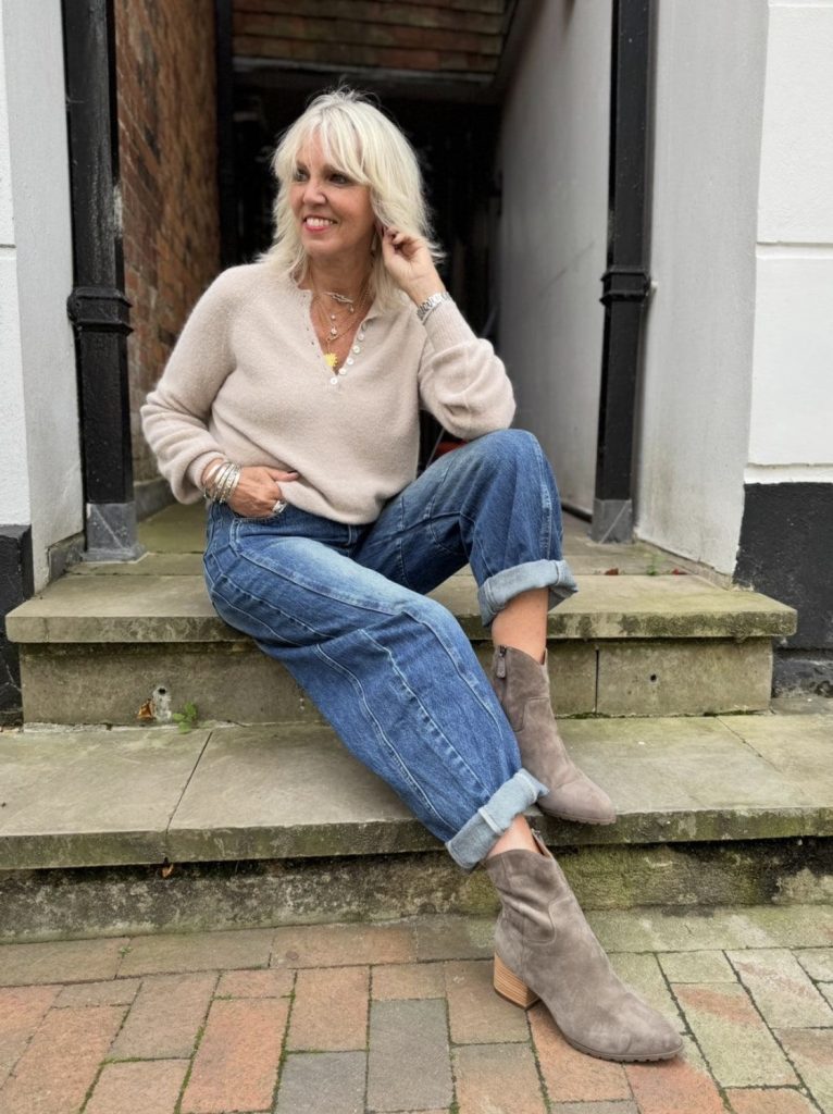 Baggy Jeans + Fitted Sweater + Ankle Boots