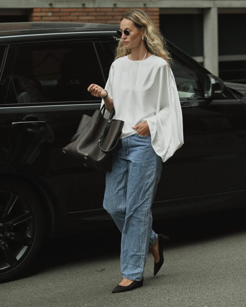 Baggy Jeans + Silk-Look Blouse + Heeled Mules