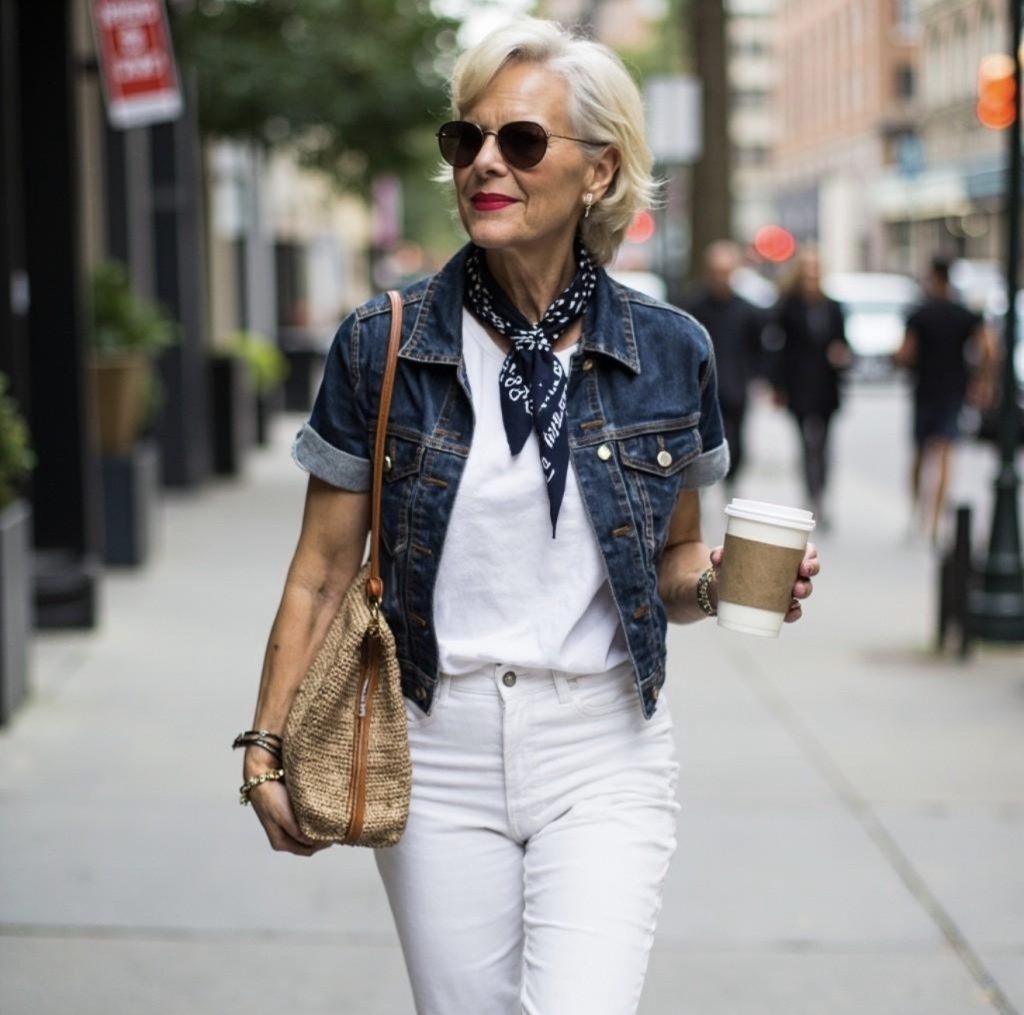 Denim Jacket With White Jeans and a Simple Top