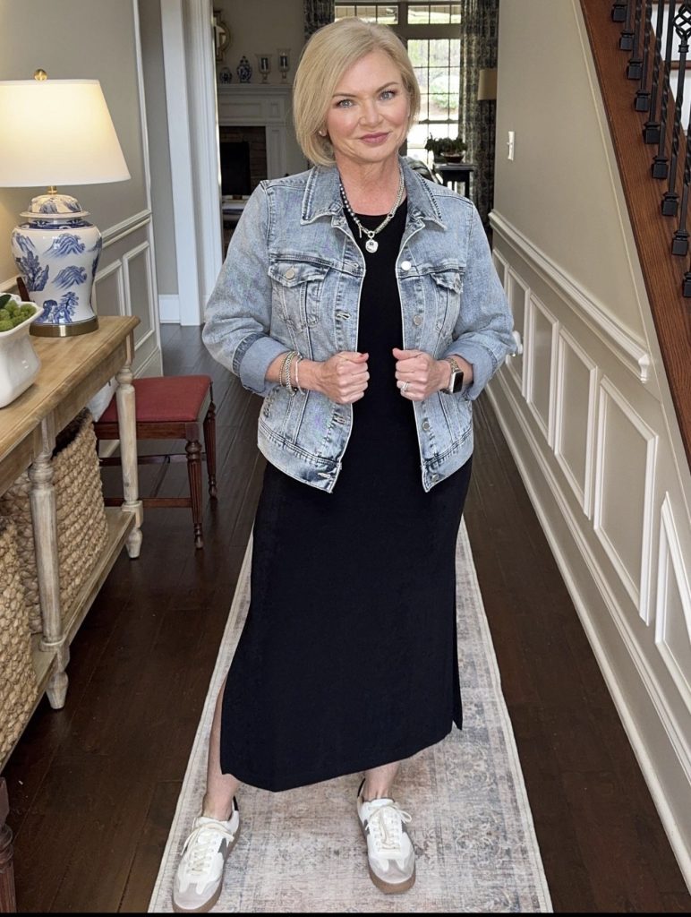 Denim Jacket Over a Pretty Midi Dress